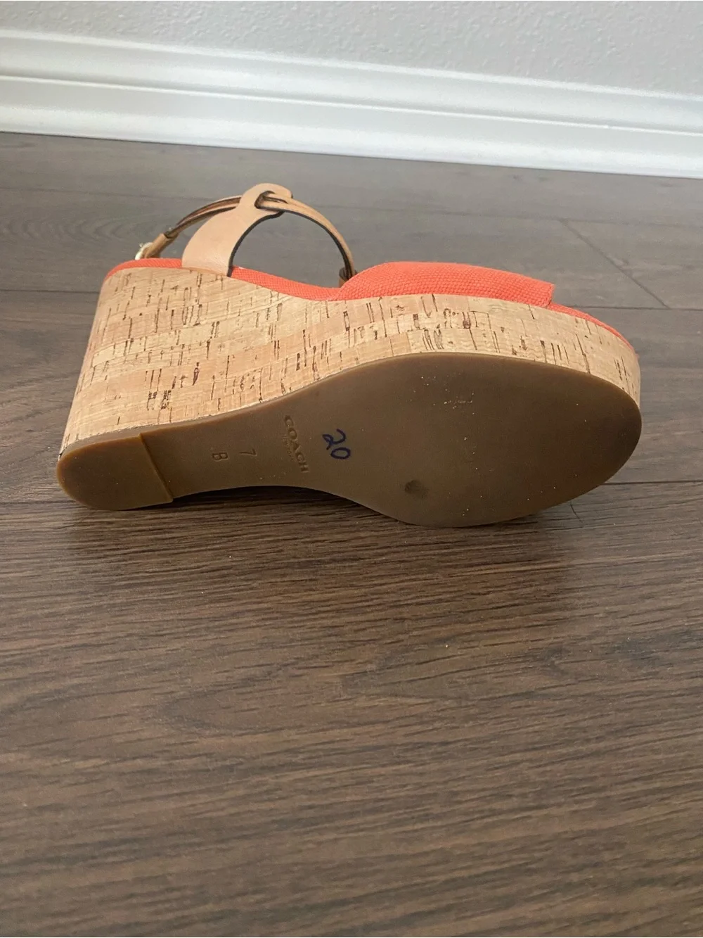 Coach Orange Canvas Cork Wedge Sandals with Tan Leather Straps